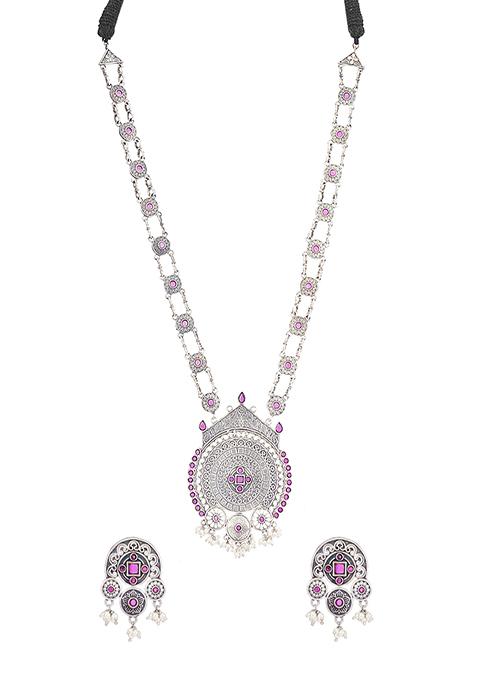 Silver Tone Purple Stone Embellished Brass Necklace And Earrings Set