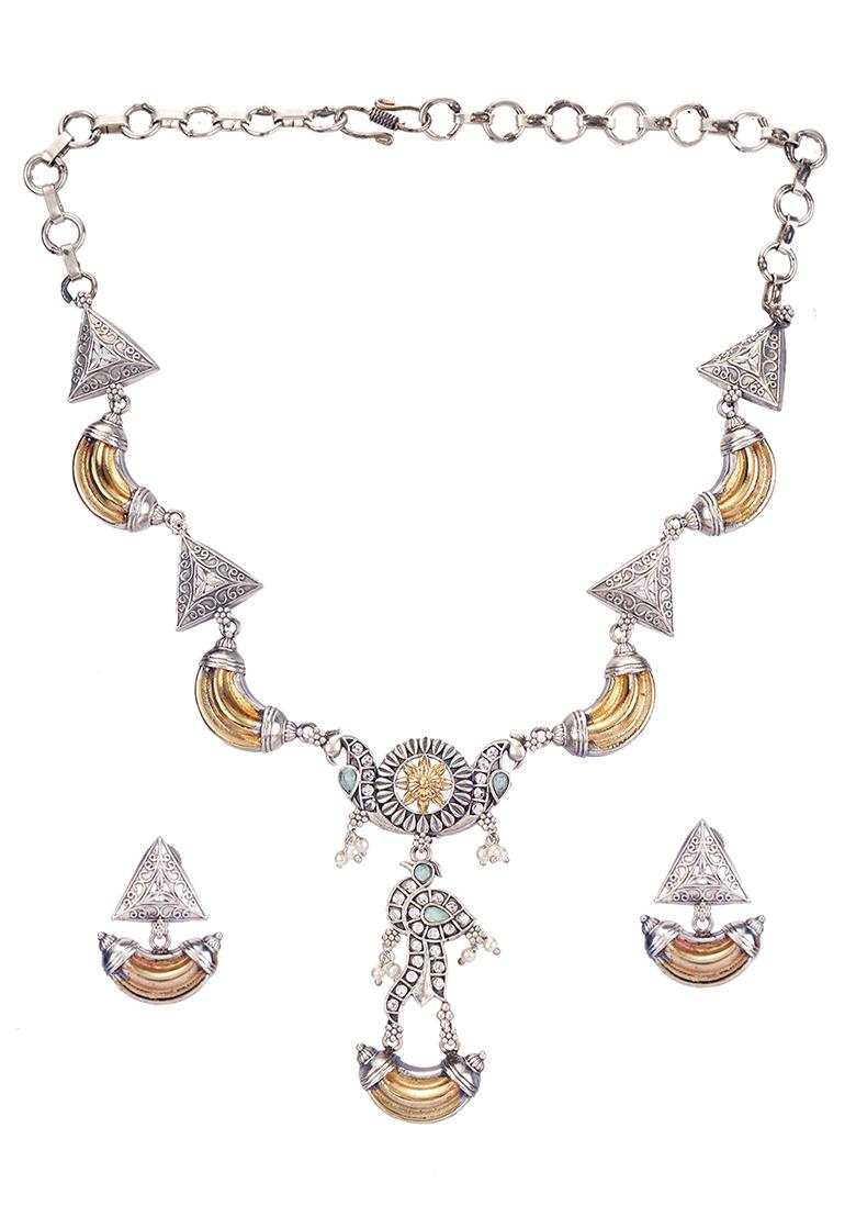 Silver Finish Handcrafted Dual Tone Necklace And Earrings Set
