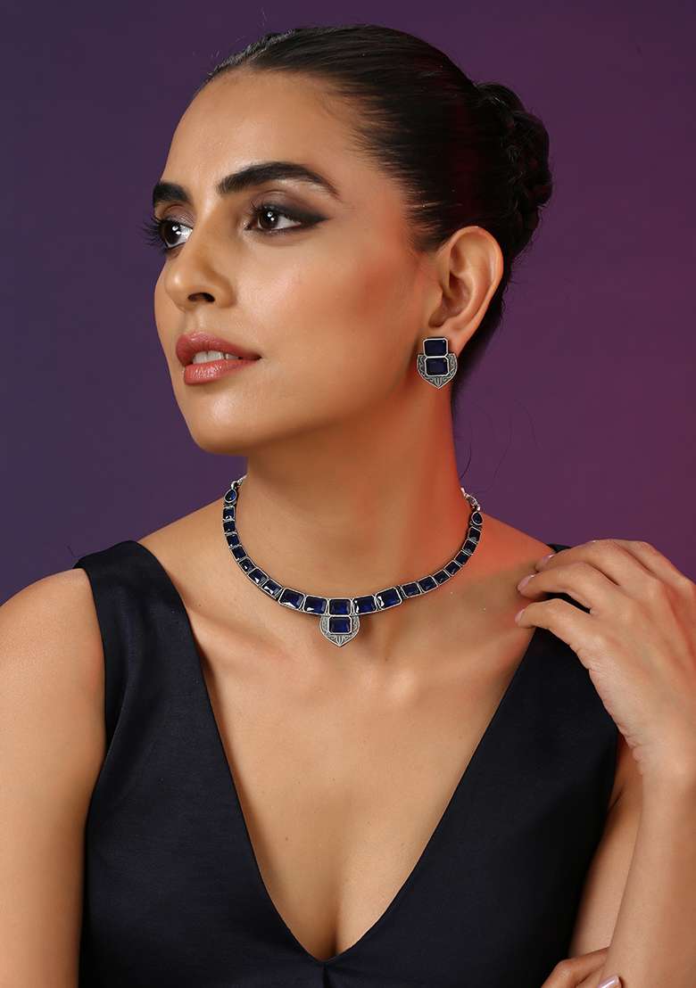 Dark Blue Silver Tone Choker Necklace Set With Earrings - Indya
