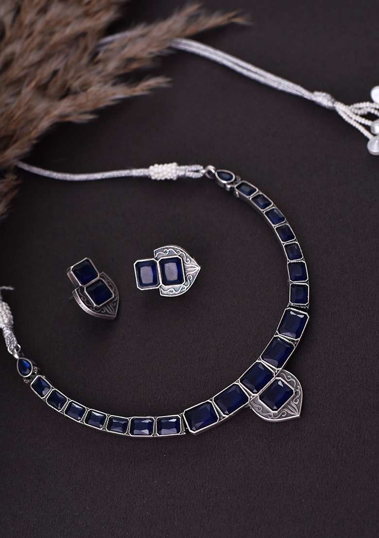Dark Blue Silver Tone Choker Necklace Set With Earrings - Indya
