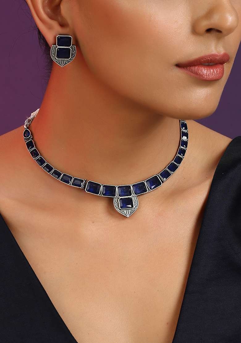 Dark Blue Silver Tone Choker Necklace Set With Earrings - Indya