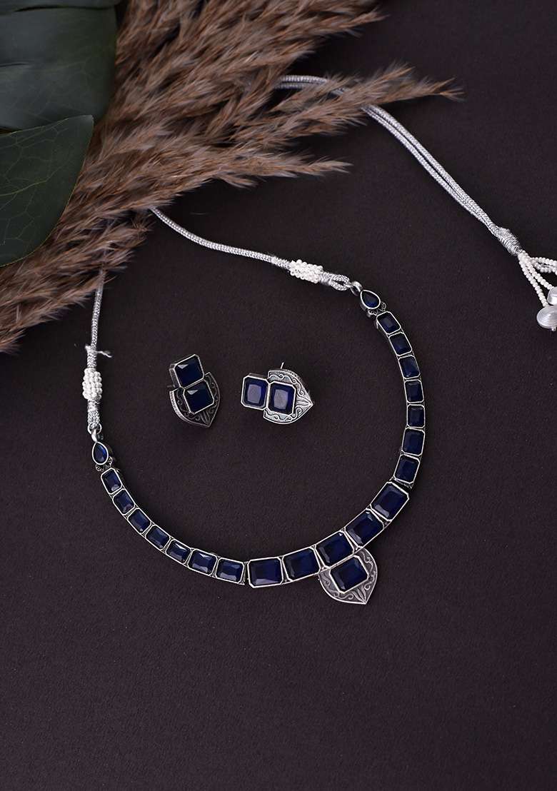 Dark Blue Silver Tone Choker Necklace Set With Earrings - Indya
