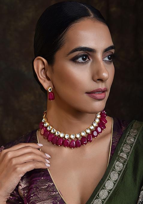 Maroon Gold Tone Kundan Necklace Set With Earrings
