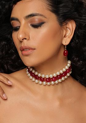 Red Gold Tone Pearl Choker Set With Earrings