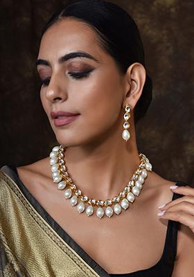 White Gold Tone Kundan Pearl Necklace Set With Earrings