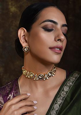 Green Gold Tone Kundan Choker Necklace Set With Earrings