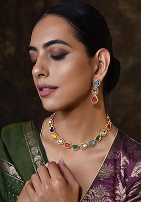 Multicolour Gold Tone Necklace Set With Earrings