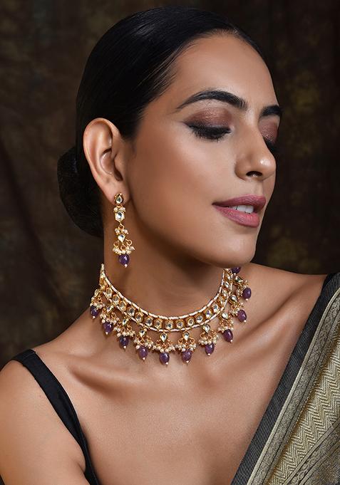 Purple Gold Tone Kundan Necklace Set With Earrings