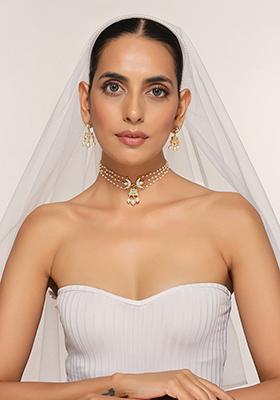 White Gold Tone Kundan Beaded Choker Necklace Set With Earrings