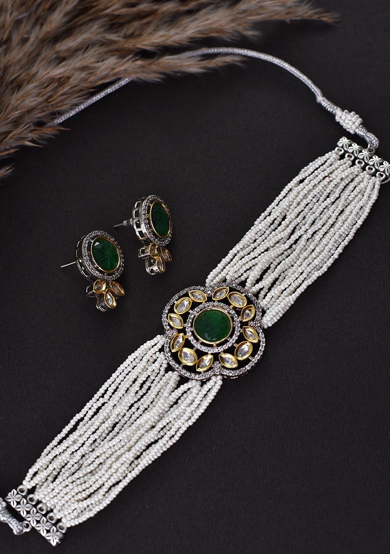 Green And White Silver Tone Polki Necklace Set With Earrings - Indya