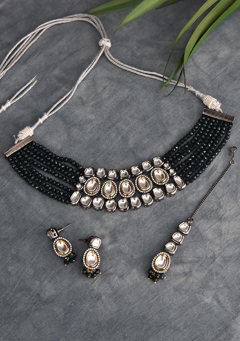 Green Rhodium Plated Kundan Choker Set With Earrings And Maangtika - Indya
