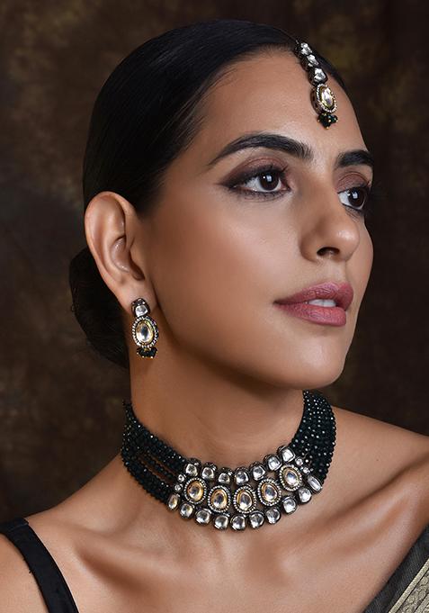 Green Rhodium Plated Kundan Choker Set With Earrings And Maangtika