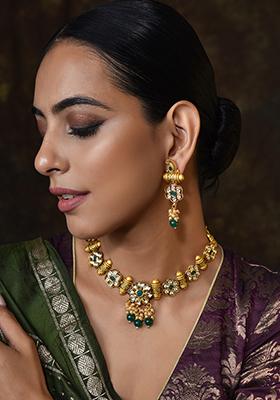 Green Gold Finish Floral Necklace Set With Earrings