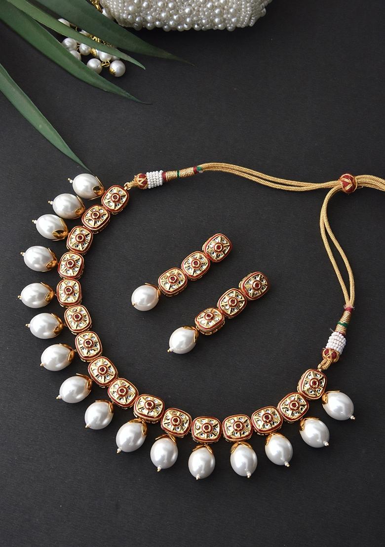Red Gold Tone Pearl Necklace Set With Earrings