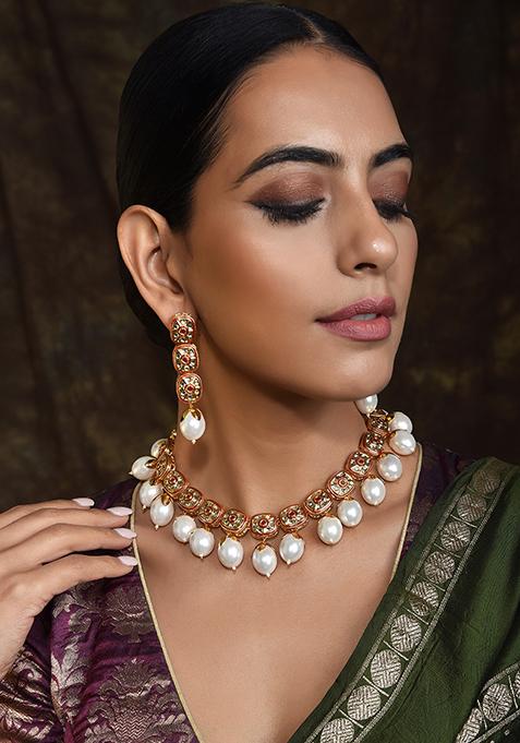Red Gold Tone Pearl Necklace Set With Earrings