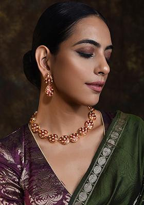 Red Gold Tone Meenakari Necklace Set With Earrings