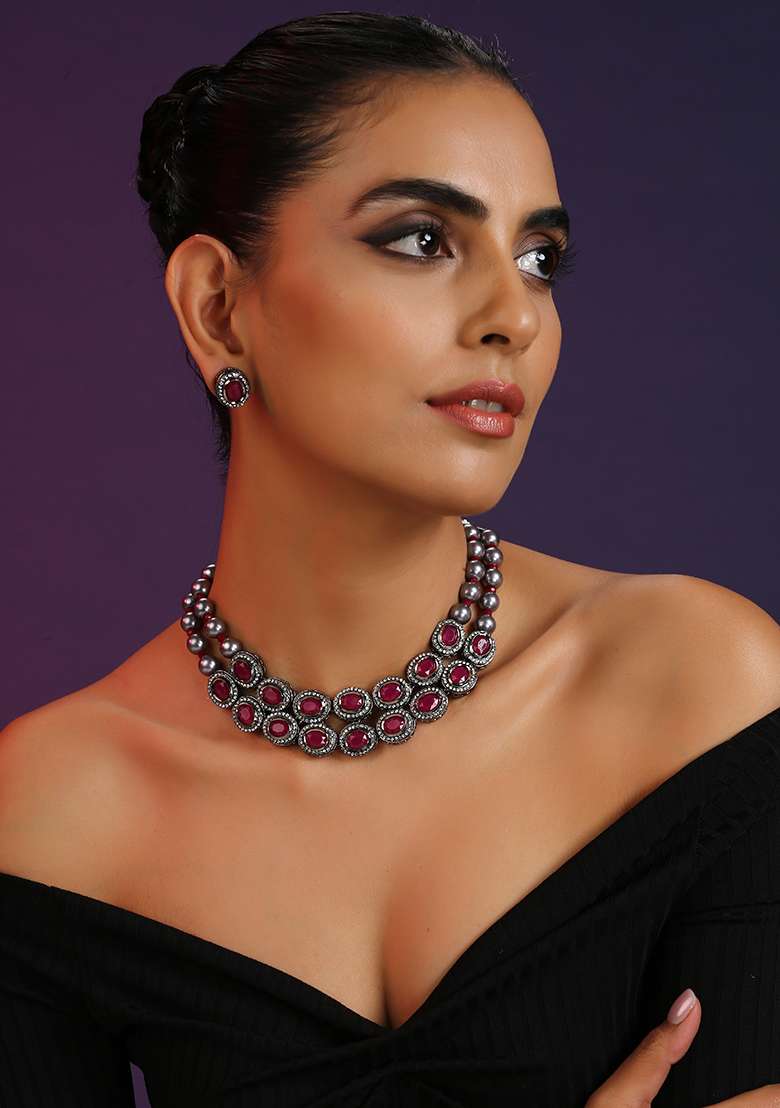 Purple Rhodium Finish Choker Set With Earrings - Indya
