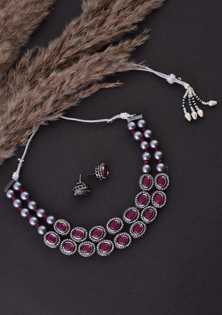 Purple Rhodium Finish Choker Set With Earrings