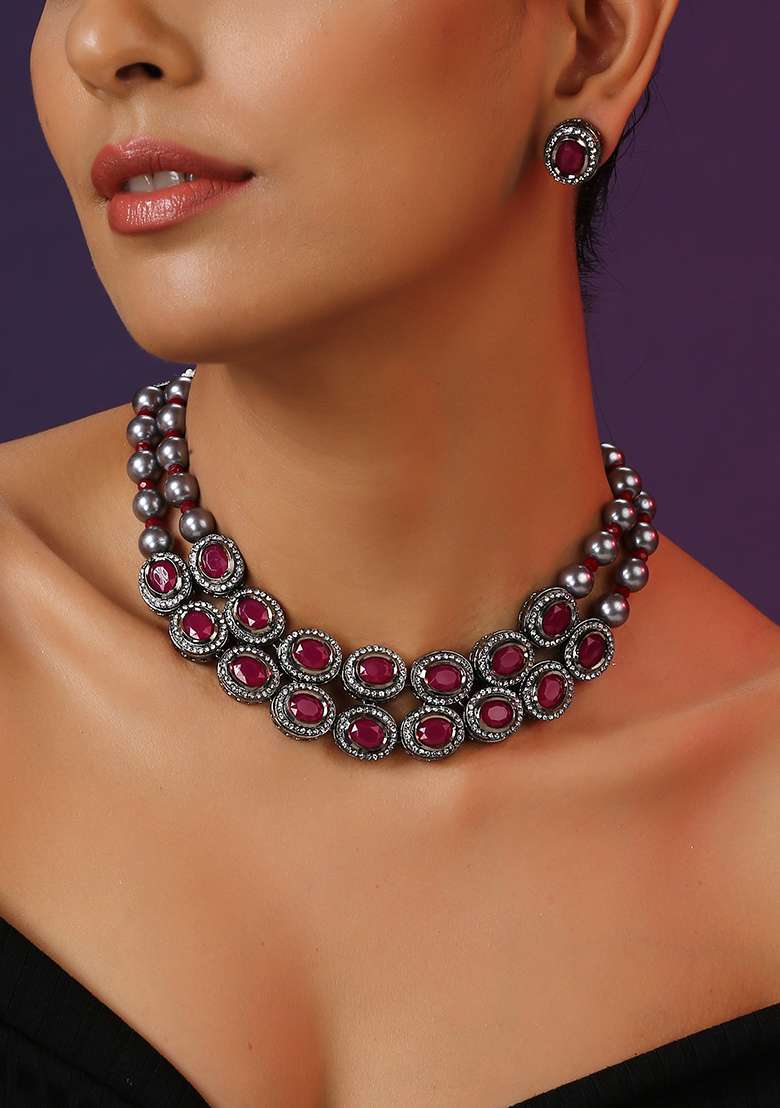 Purple Rhodium Finish Choker Set With Earrings - Indya
