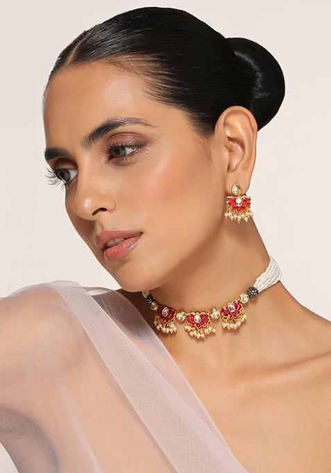 Red Gold Tone Kundan And Pearl Choker Set With Earrings