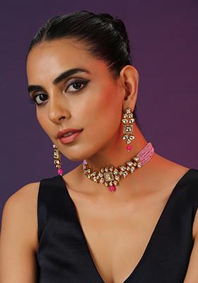 Pink Gold Tone Kundan Necklace Set With Earrings