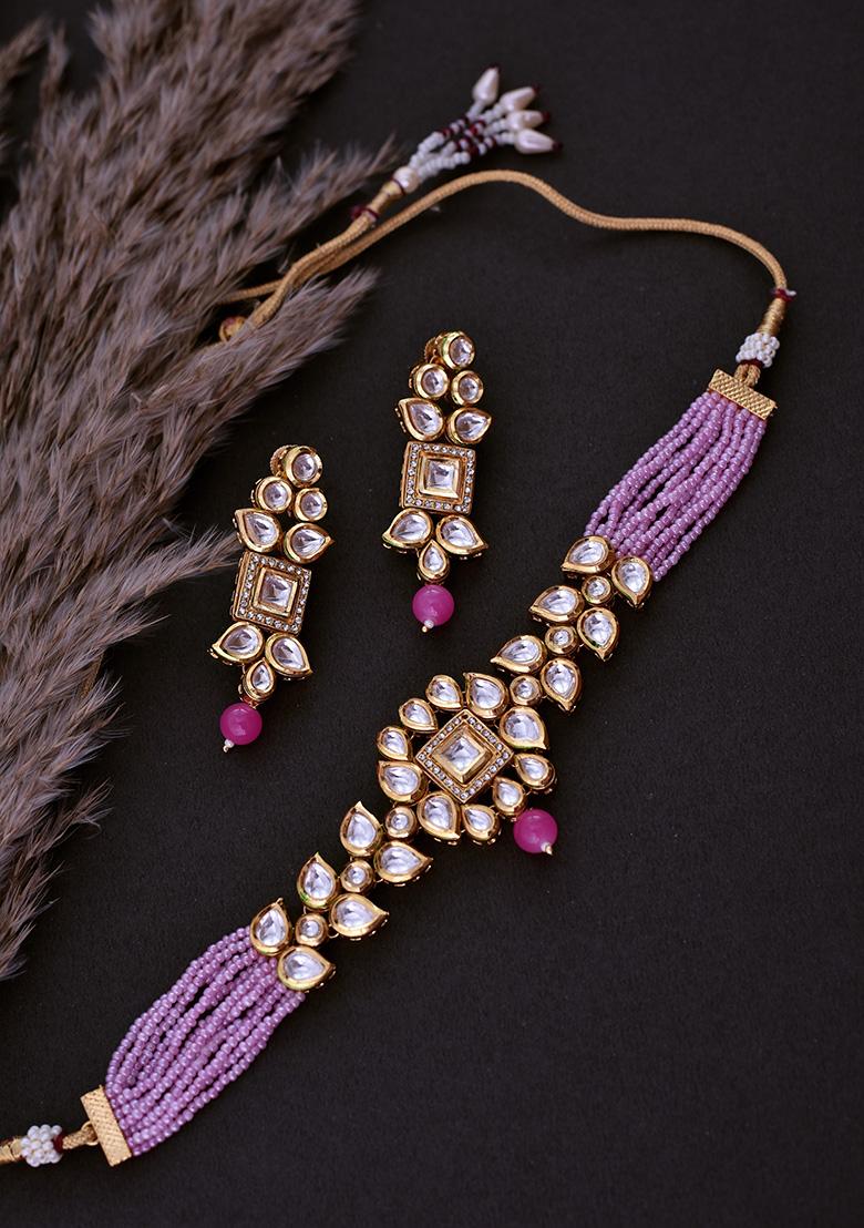 Pink Gold Tone Kundan Necklace Set With Earrings