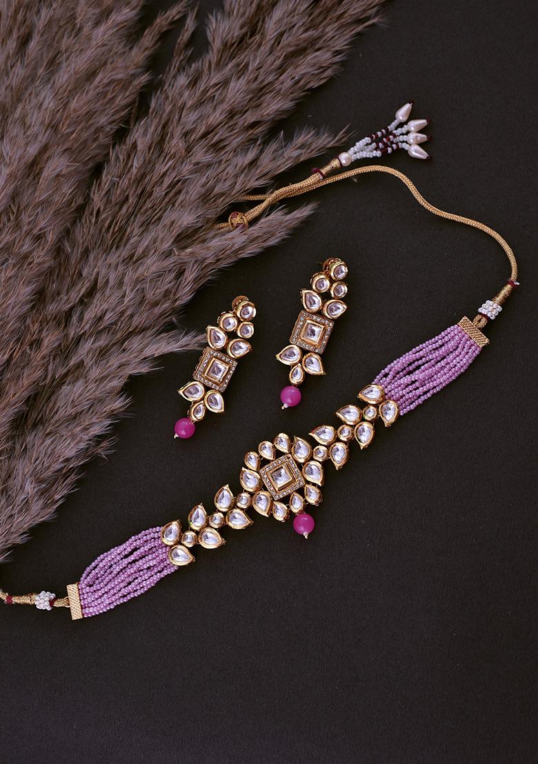 Pink Gold Tone Kundan Necklace Set With Earrings