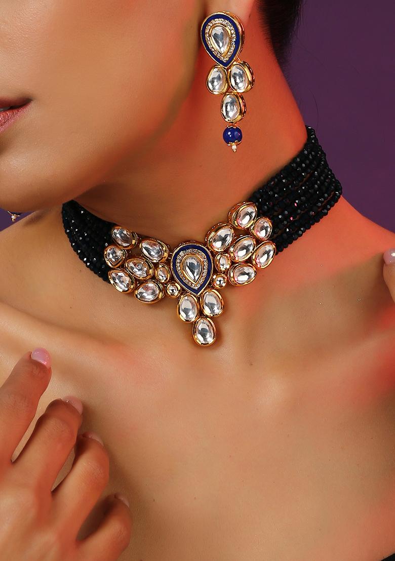 Blue Gold Tone Kundan Necklace Set With Earrings - Indya