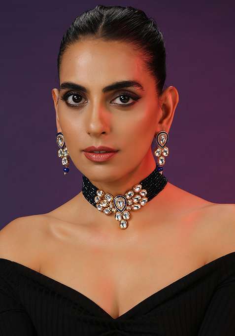 Blue Gold Tone Kundan Necklace Set With Earrings