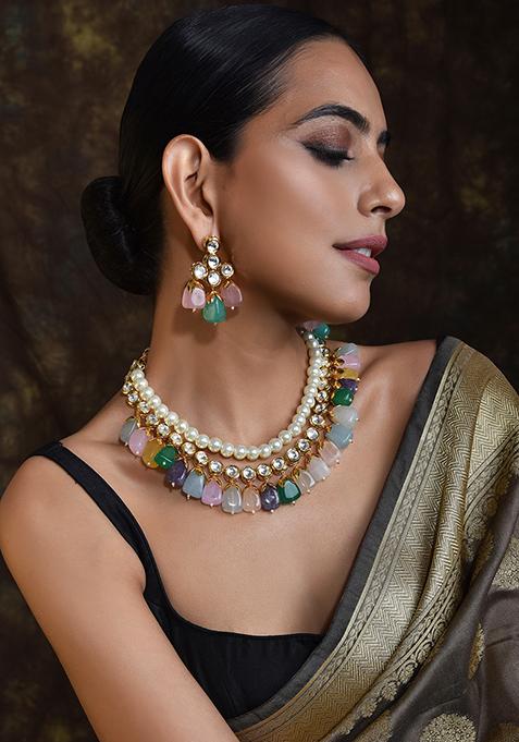 Multicolour Gold Tone Kundan Necklace Set With Earrings