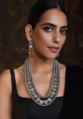 Grey Rhodium Plated Long Necklace Set With Earrings