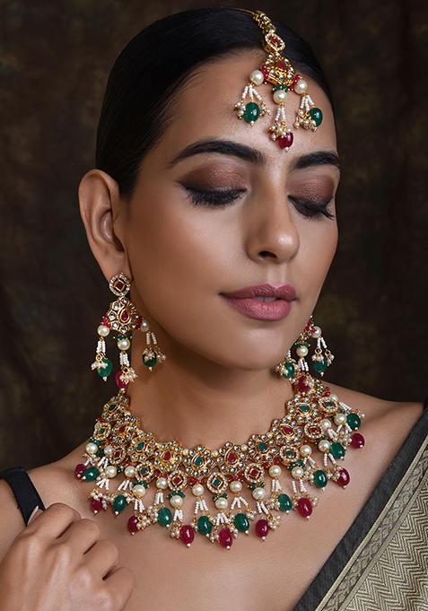 Red And Green Gold Tone Kundan Necklace Set With Earrings