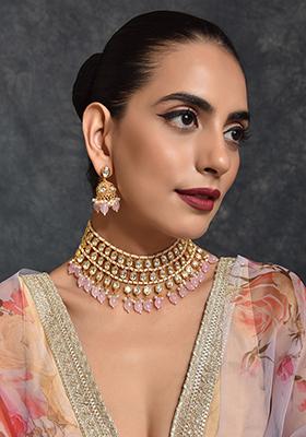 Light Pink Gold Tone Kundan Necklace Set With Earrings