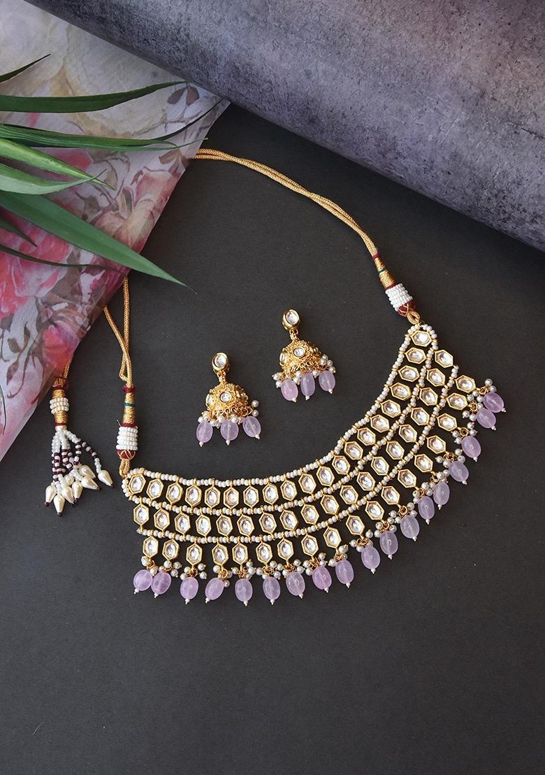 Light Pink Gold Tone Kundan Necklace Set With Earrings