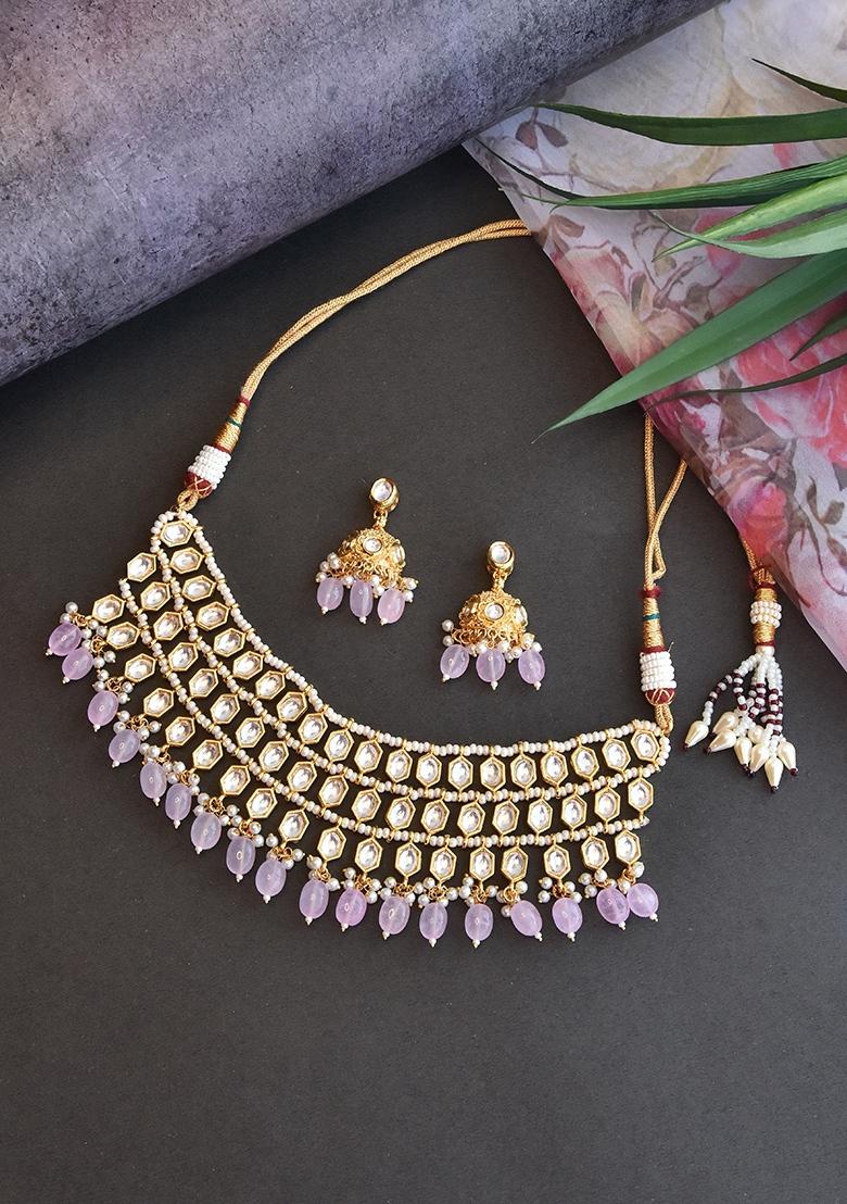 Light Pink Gold Tone Kundan Necklace Set With Earrings