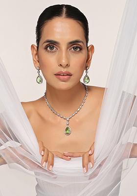 Emerald Silver Tone Zirconia Pendant Necklace Set With Earrings