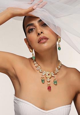 Green And Red Gold Tone Kundan Necklace Set With Earrings