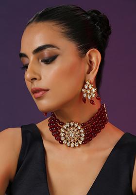 Red Gold Tone Kundan Choker Set With Earrings