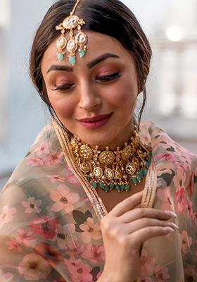 Blue Gold Tone Kundan Necklace Set With Earrings And Maangtika