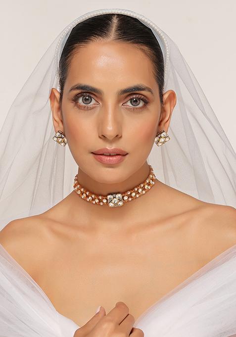 Silver Tone Polki Choker Necklace Set With Earrings