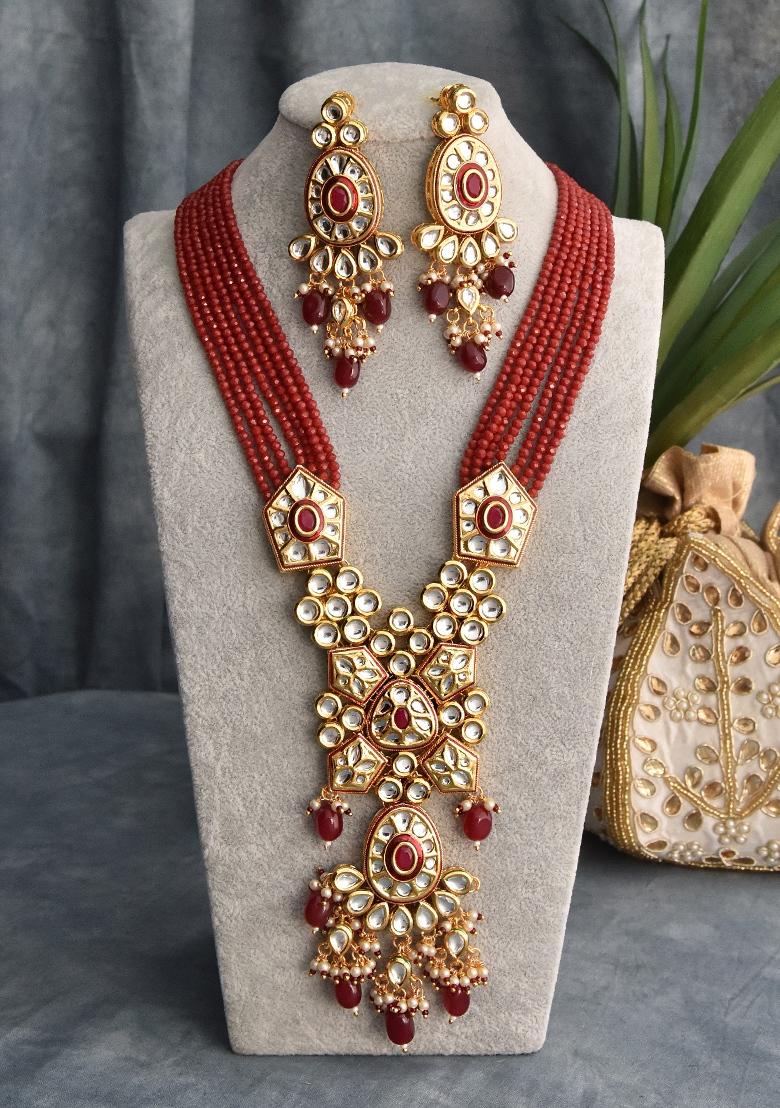 Red Gold Tone Kundan Long Necklace Set With Earrings