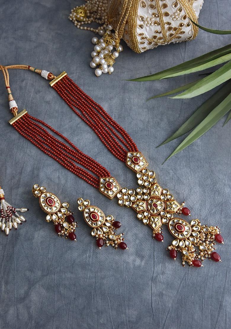 Red Gold Tone Kundan Long Necklace Set With Earrings