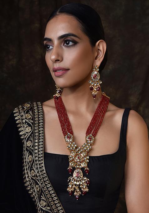 Red Gold Tone Kundan Long Necklace Set With Earrings