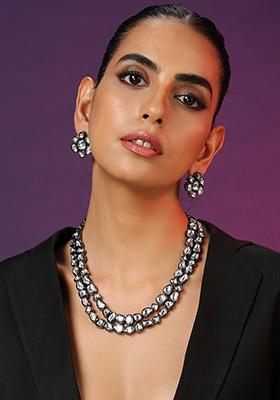 White Black Tone Long Kundan Necklace Set With Earrings