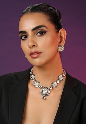 Silver Finish Polki Necklace Set With Earrings