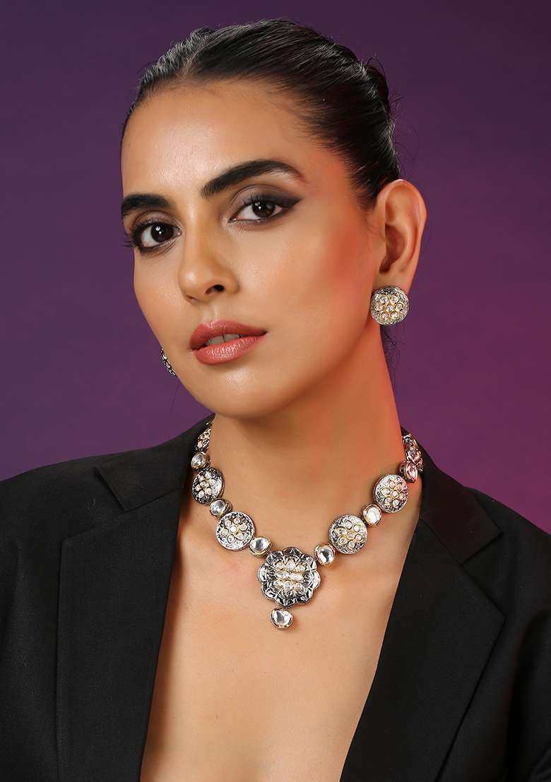 Silver Finish Polki Necklace Set With Earrings - Indya