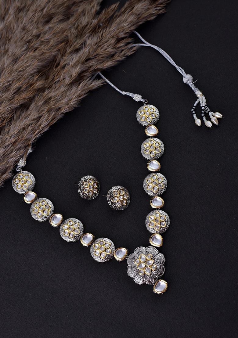 Silver Finish Polki Necklace Set With Earrings