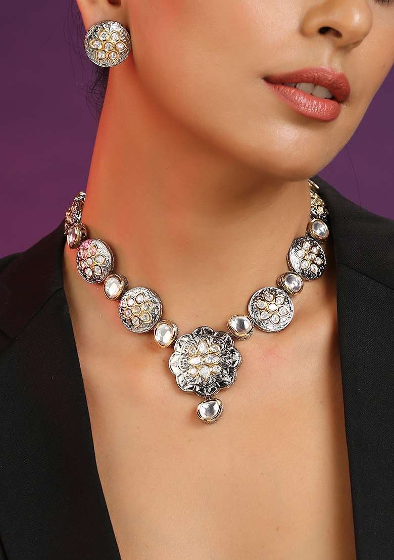 Silver Finish Polki Necklace Set With Earrings - Indya