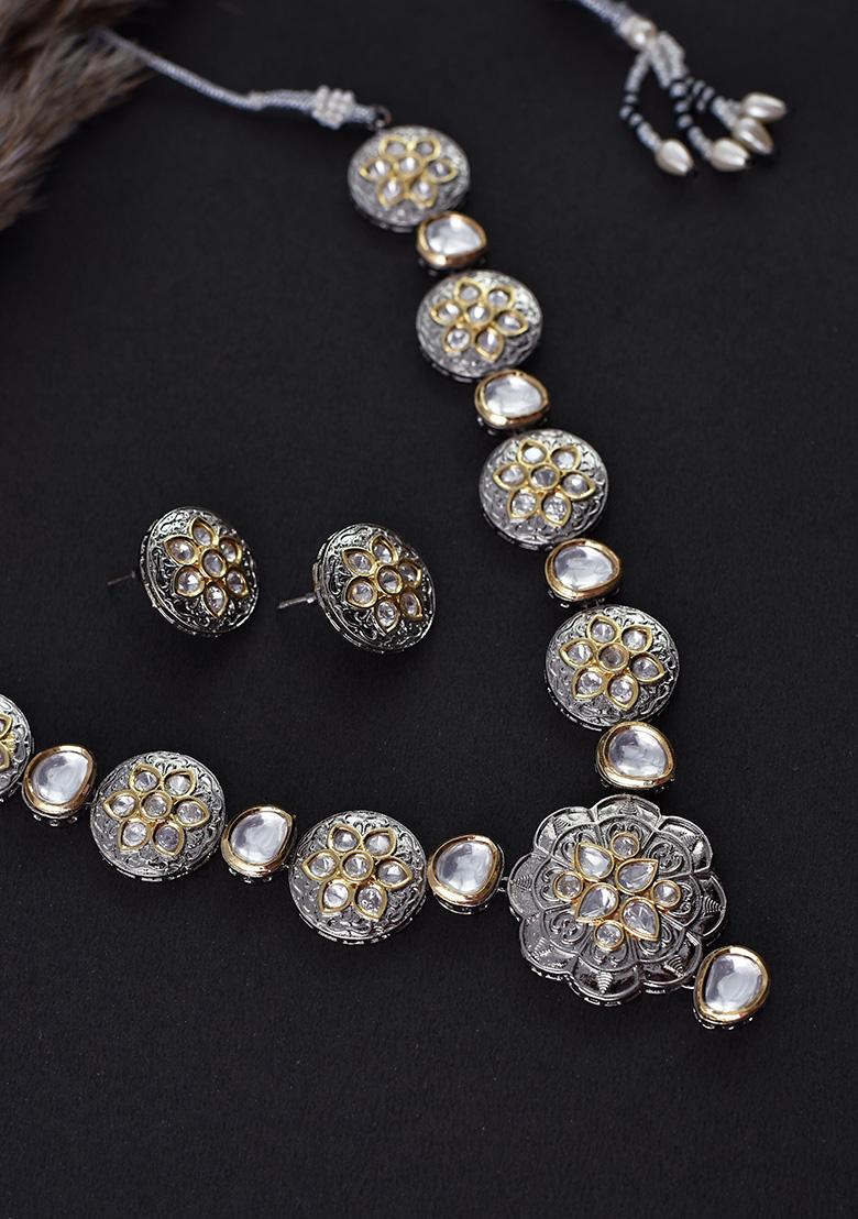 Silver Finish Polki Necklace Set With Earrings