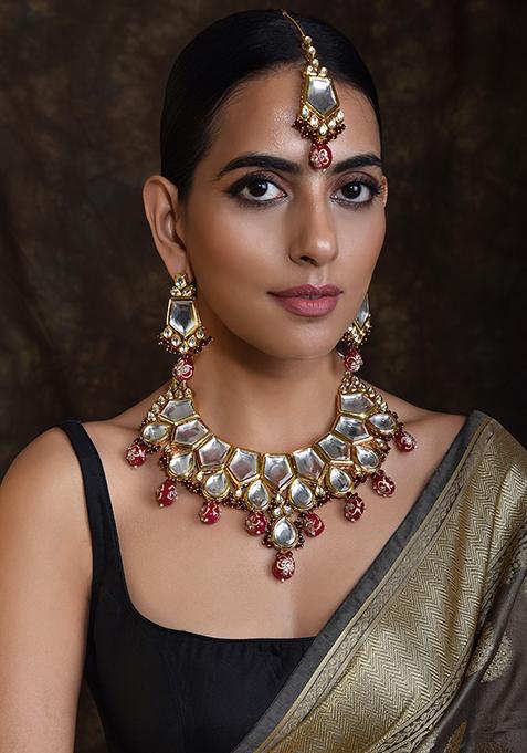 Red Gold Tone Kundan Necklace Set With Earrings And Maangtika
